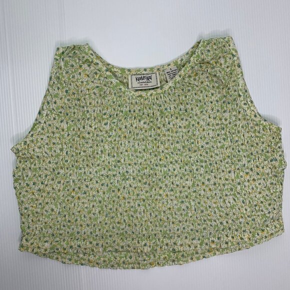 Krazy Kat Shirt Small Crop Shirred Green Floral Cotton Retro Summer - Picture 11 of 12